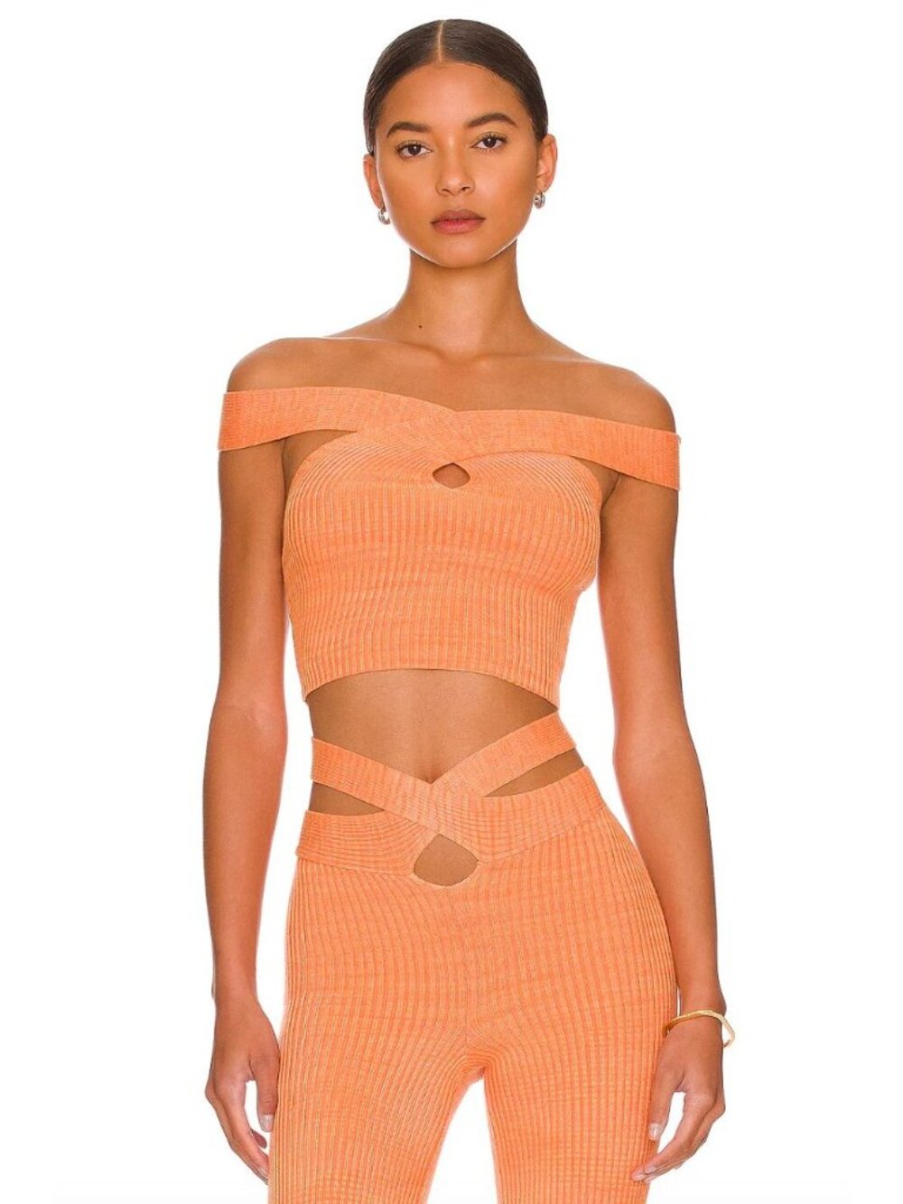 h:ours Size XS Cia Crossover Off Shoulder Ribbed Knit Crop Top Orange